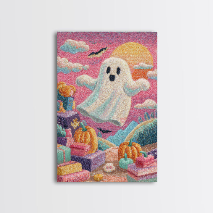 The Ghost Daycare, Retro Neon Halloween Art, Vertical Wall Art, Canvas Print, Retro Halloween Decor, Neon Wall Art, Statement Wall Art