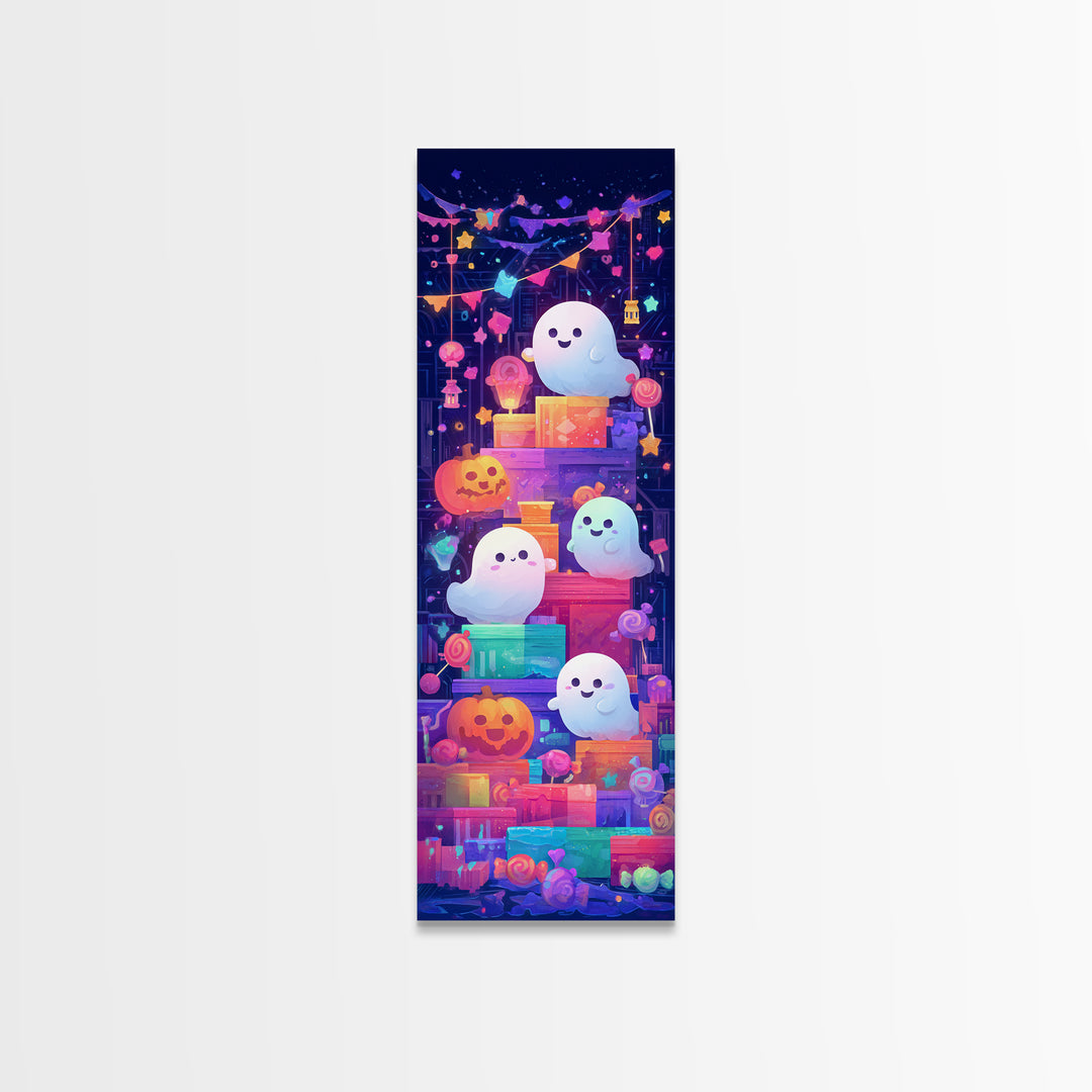 The Ghost Daycare, Retro Neon Halloween Art, Tall Narrow Wall Art, Framed Canvas Print, Retro Halloween Decor, Neon Wall Art