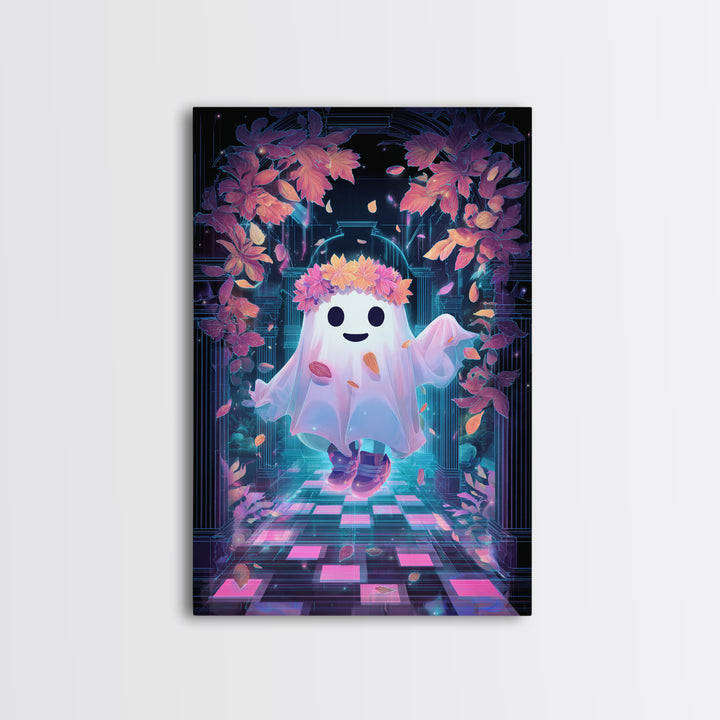 The Ghost With A Flower Crown, Retro Neon Halloween Art, Vertical Wall Art, Framed Canvas Print, Retro Halloween Decor, Neon Wall Art