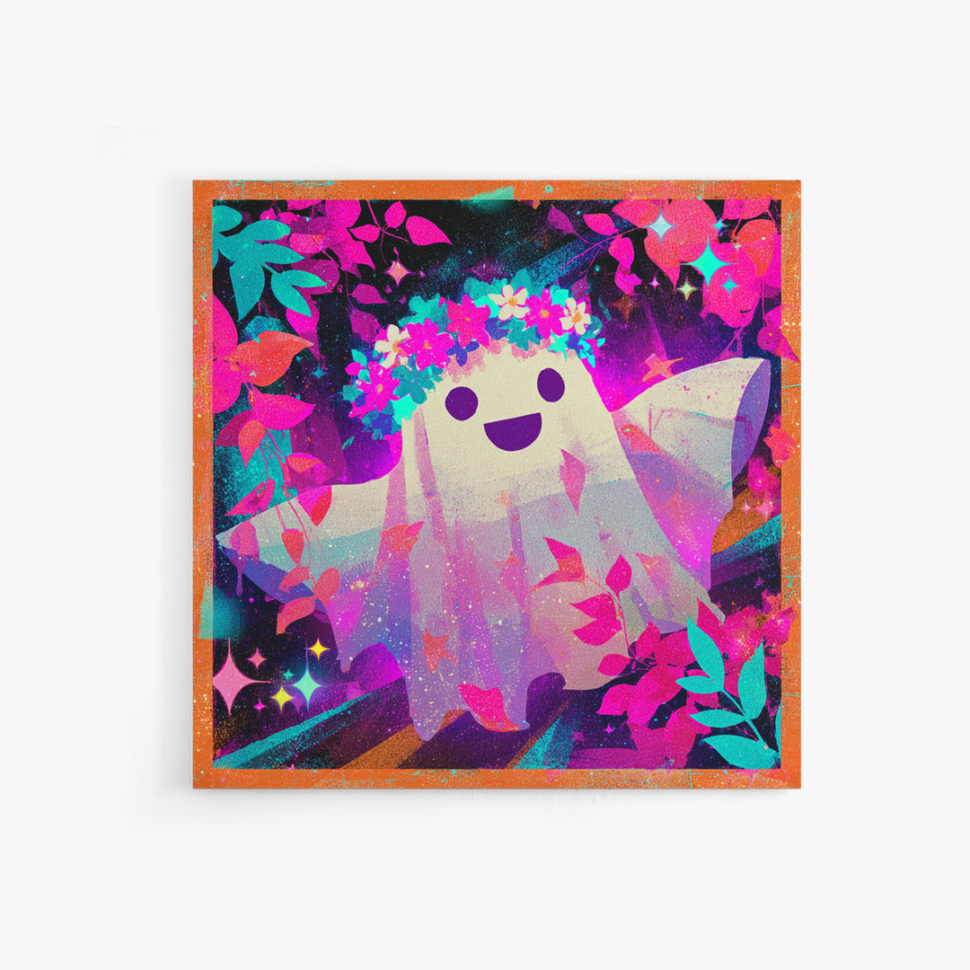 The Ghost With A Flower Crown, Vaporwave Halloween Decor, Square Wall Art, Canvas Print, Retro Halloween Decor, Neon Wall Art
