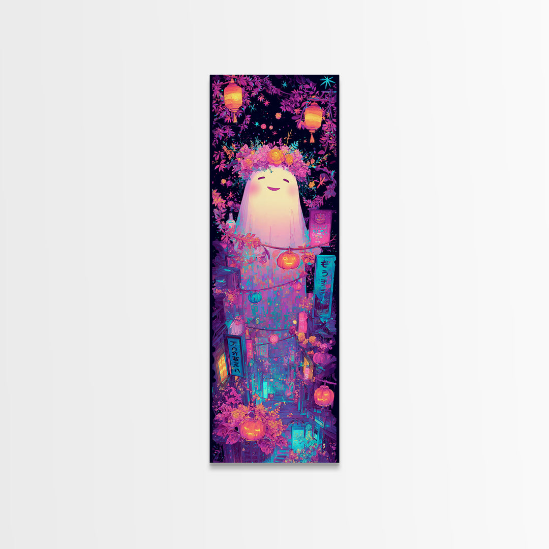 The Ghost With A Flower Crown, Synthwave Halloween Art, Tall Narrow Wall Art, Canvas Print, Retro Halloween Decor, Neon Wall Art