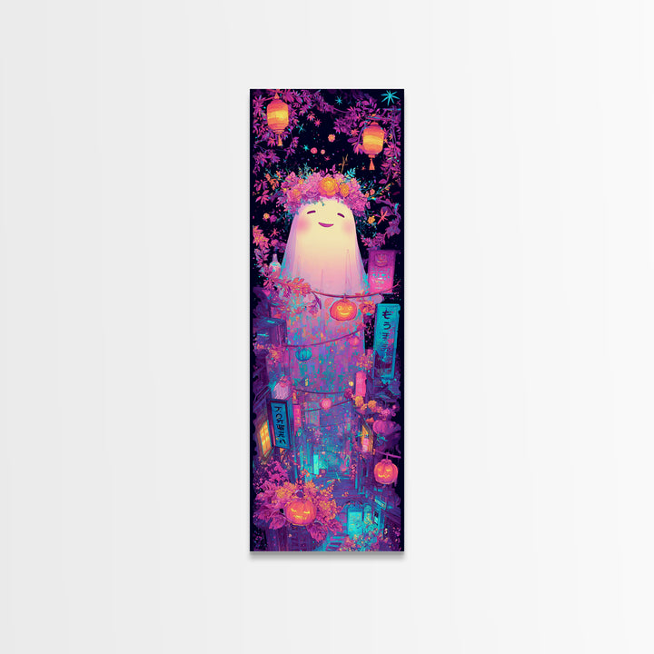 The Ghost With A Flower Crown, Synthwave Halloween Art, Tall Narrow Wall Art, Canvas Print, Retro Halloween Decor, Neon Wall Art