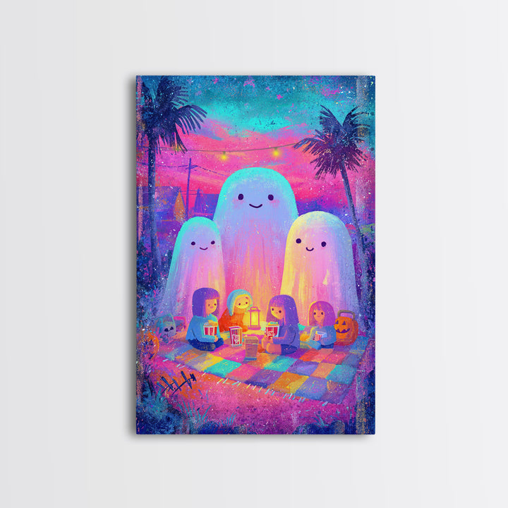 The Sleepy Blanket Ghost, Cute Spooky Neon Art, Vertical Wall Art, Canvas Print, Retro Halloween Decor, Neon Wall Art, Spooky Wall Decor