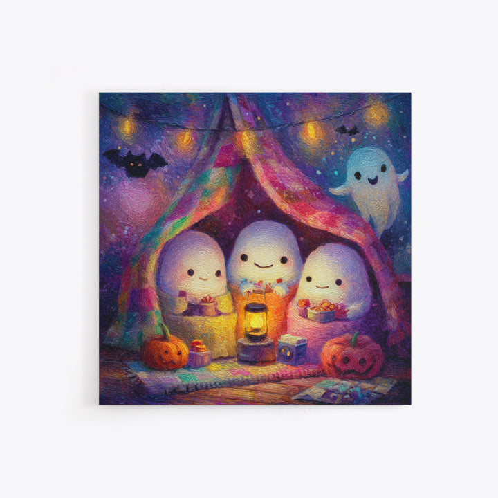 The Sleepy Blanket Ghost, Cute Spooky Neon Art, Square Wall Art, Canvas Print, Retro Halloween Decor, Neon Wall Art, Seasonal Home Decor