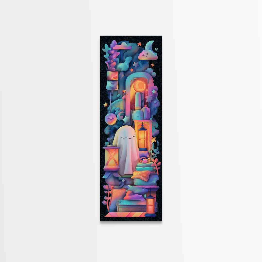 The Sleepy Blanket Ghost, Synthwave Halloween Art, Tall Narrow Wall Art, Canvas Print, Retro Halloween Decor, Neon Wall Art