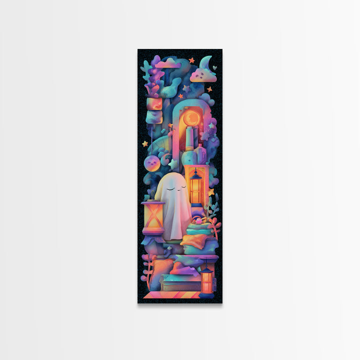 The Sleepy Blanket Ghost, Synthwave Halloween Art, Tall Narrow Wall Art, Canvas Print, Retro Halloween Decor, Neon Wall Art