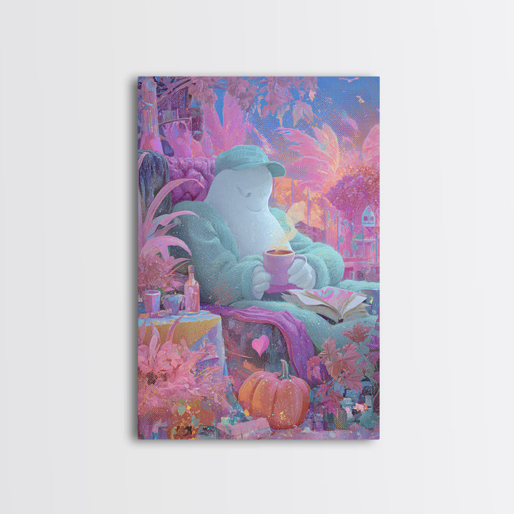 The Ghost Mail Carrier, 80s Halloween Wall Art, Vertical Wall Art, Framed Canvas Print, Retro Halloween Decor, Neon Wall Art