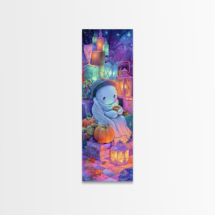 The Ghost Mail Carrier, Vaporwave Halloween Decor, Tall Narrow Wall Art, Framed Canvas Print, Retro Halloween Decor, Neon Wall Art