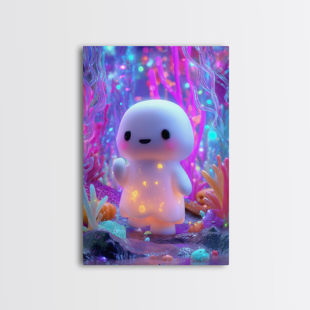 The Ghost And Firefly Friends, Synthwave Halloween Art, Vertical Wall Art, Framed Canvas Print, Retro Halloween Decor, Neon Wall Art