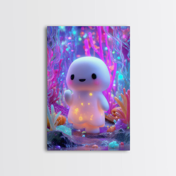The Ghost And Firefly Friends, Synthwave Halloween Art, Vertical Wall Art, Framed Canvas Print, Retro Halloween Decor, Neon Wall Art