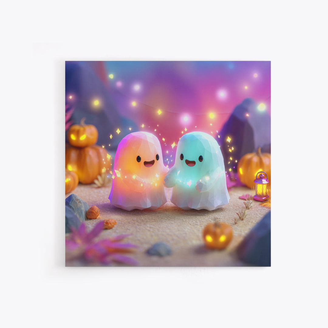 The Ghost And Firefly Friends, Cute Spooky Neon Art, Square Wall Art, Framed Canvas Print, Retro Halloween Decor, Neon Wall Art