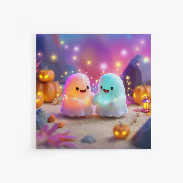 The Ghost And Firefly Friends, Cute Spooky Neon Art, Square Wall Art, Framed Canvas Print, Retro Halloween Decor, Neon Wall Art