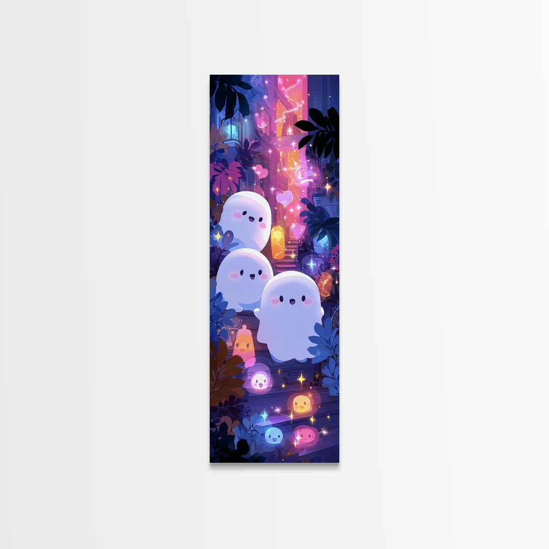 The Ghost And Firefly Friends, Vaporwave Halloween Decor, Tall Narrow Wall Art, Canvas Print, Retro Halloween Decor, Neon Wall Art
