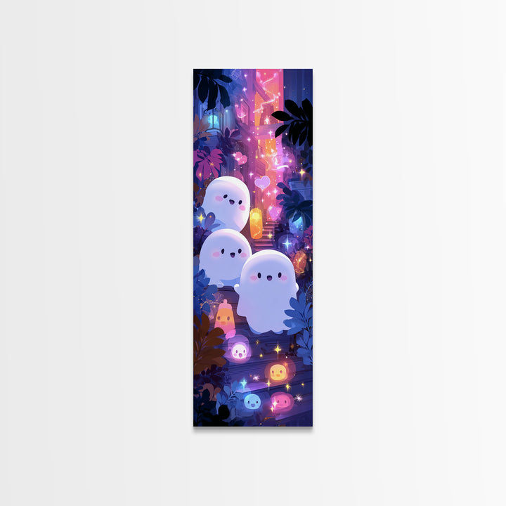 The Ghost And Firefly Friends, Vaporwave Halloween Decor, Tall Narrow Wall Art, Canvas Print, Retro Halloween Decor, Neon Wall Art