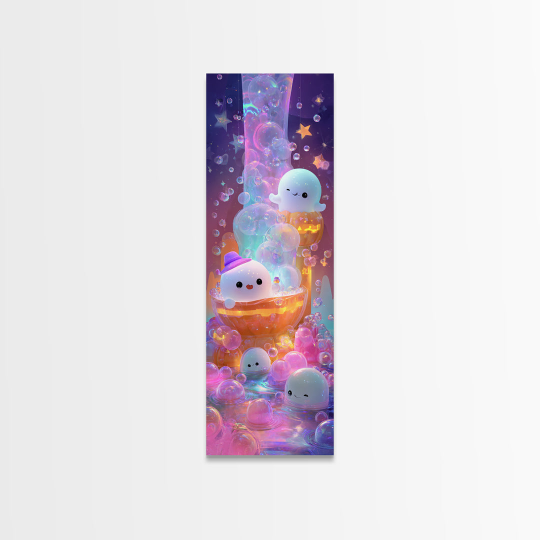 The Ghost Bubble Bath, Cute Spooky Neon Art, Tall Narrow Wall Art, Canvas Print, Retro Halloween Decor, Neon Wall Art, Seasonal Home Decor