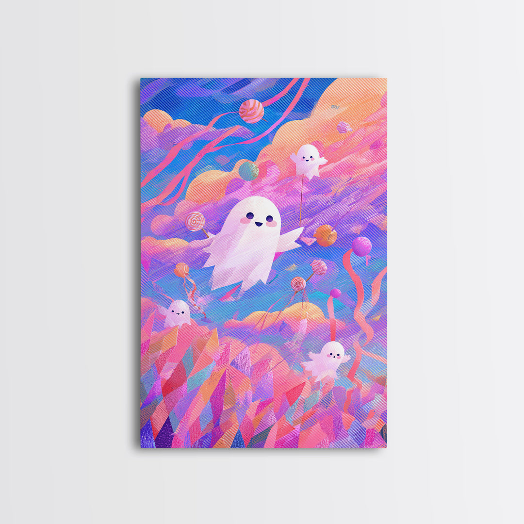 The Ghost Kite Festival, 80s Halloween Wall Art, Vertical Wall Art, Framed Canvas Print, Retro Halloween Decor, Neon Wall Art