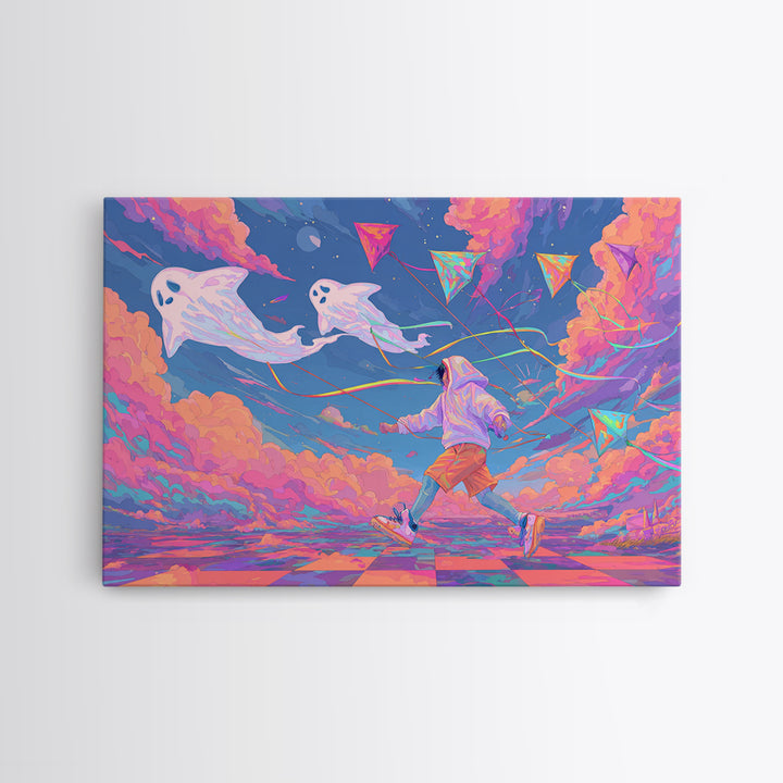 The Ghost Kite Festival, 80s Halloween Wall Art, Landscape Wall Art, Framed Canvas Print, Retro Halloween Decor, Neon Wall Art