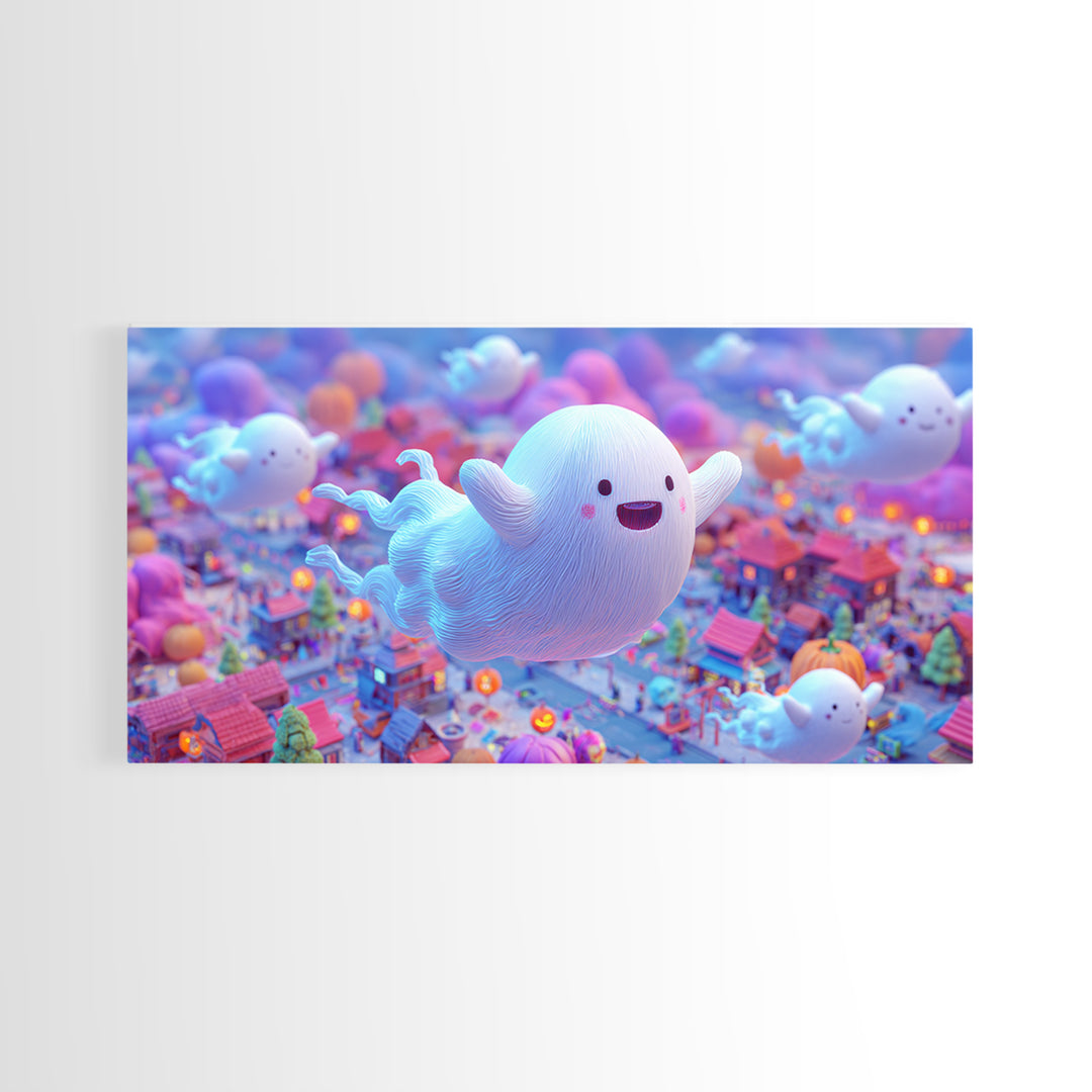 The Ghost Kite Festival, 80s Halloween Wall Art, Wide Panoramic Art, Framed Canvas Print, Retro Halloween Decor, Neon Wall Art