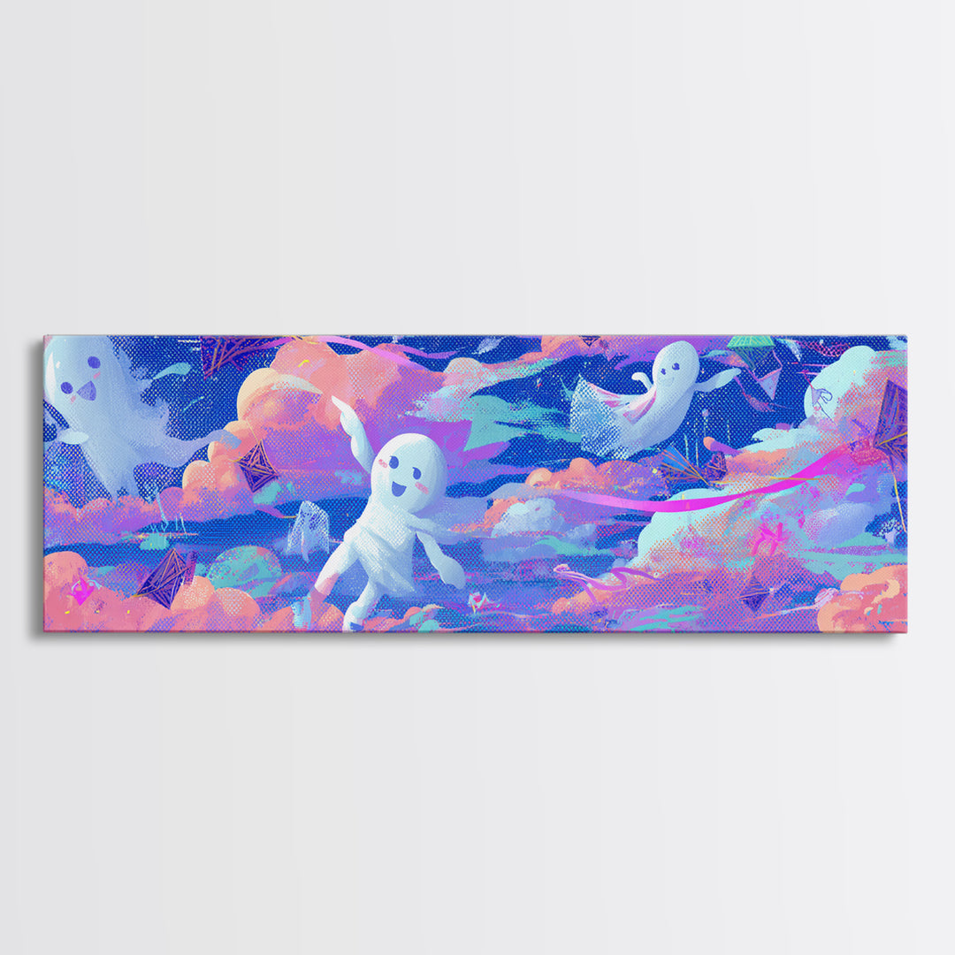 The Ghost Kite Festival, Retro Neon Halloween Art, Extra Wide Wall Art, Canvas Print, Retro Halloween Decor, Neon Wall Art