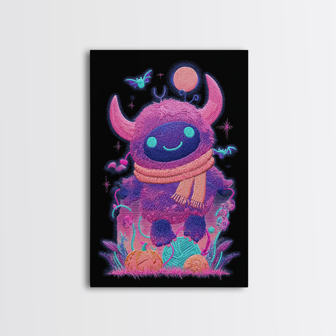 The Fuzzy Purple Monster, Synthwave Halloween Art, Vertical Wall Art, Canvas Print, Retro Halloween Decor, Neon Wall Art, Macabre Wall Art