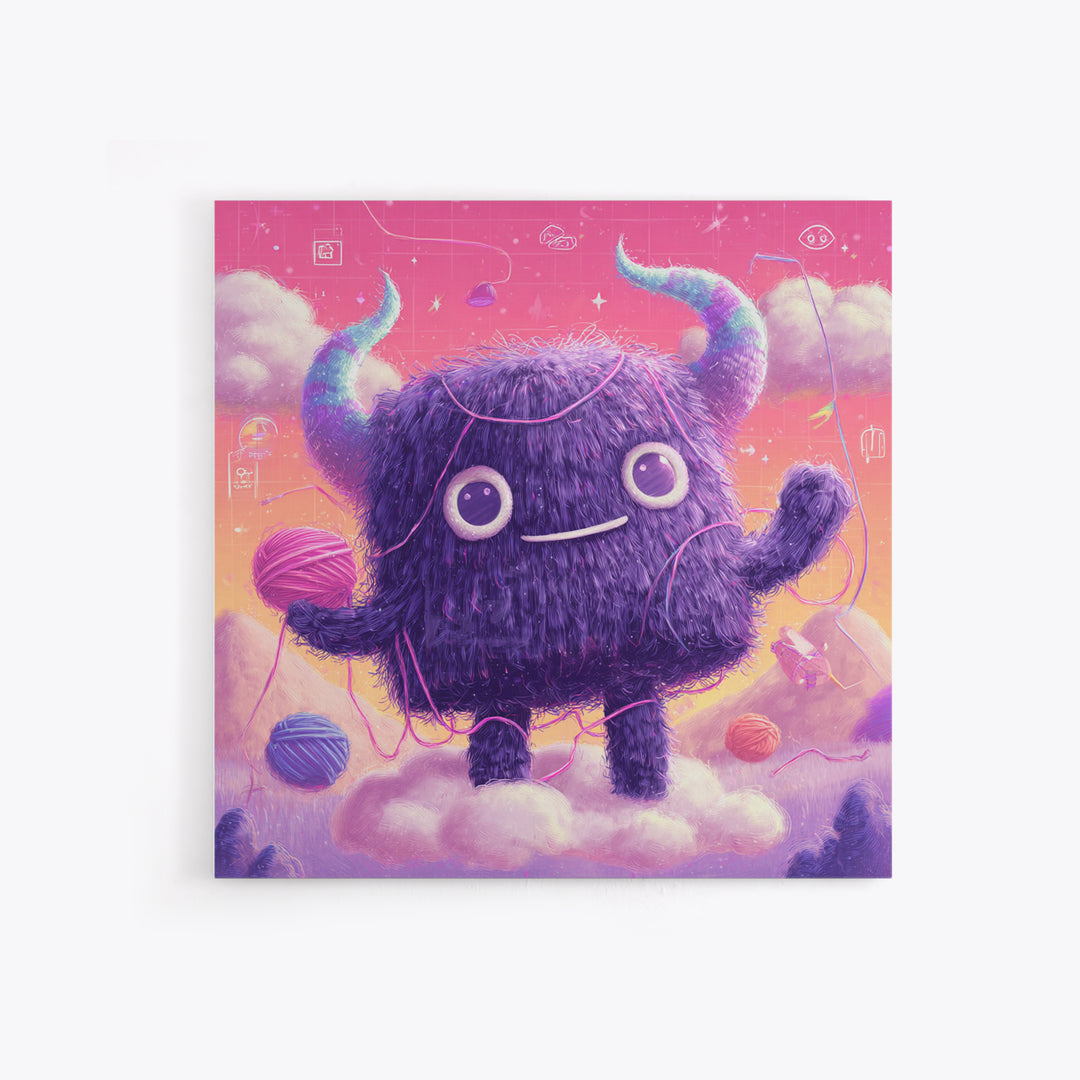 The Fuzzy Purple Monster, Vaporwave Halloween Decor, Square Wall Art, Framed Canvas Print, Retro Halloween Decor, Neon Wall Art