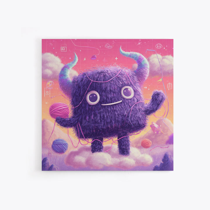 The Fuzzy Purple Monster, Vaporwave Halloween Decor, Square Wall Art, Framed Canvas Print, Retro Halloween Decor, Neon Wall Art