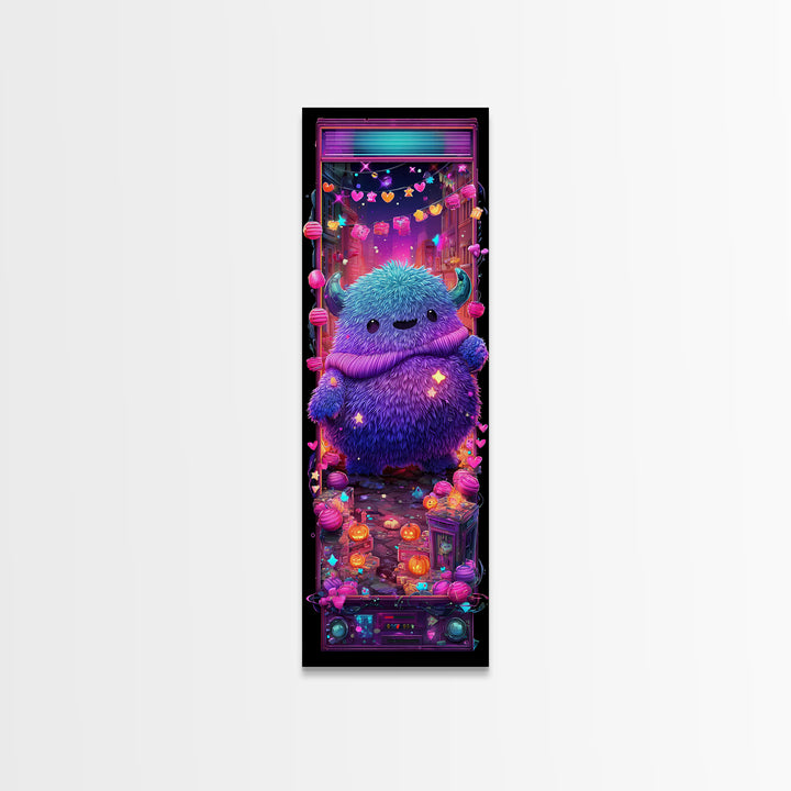 The Fuzzy Purple Monster, Synthwave Halloween Art, Tall Narrow Wall Art, Canvas Print, Retro Halloween Decor, Neon Wall Art