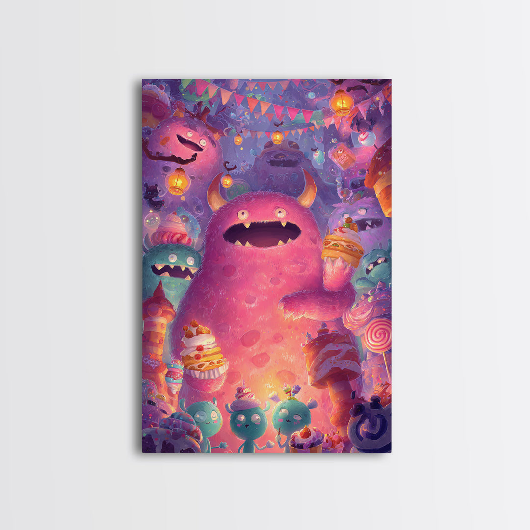The Polka-Dot Monster, Vaporwave Halloween Decor, Vertical Wall Art, Framed Canvas Print, Retro Halloween Decor, Neon Wall Art