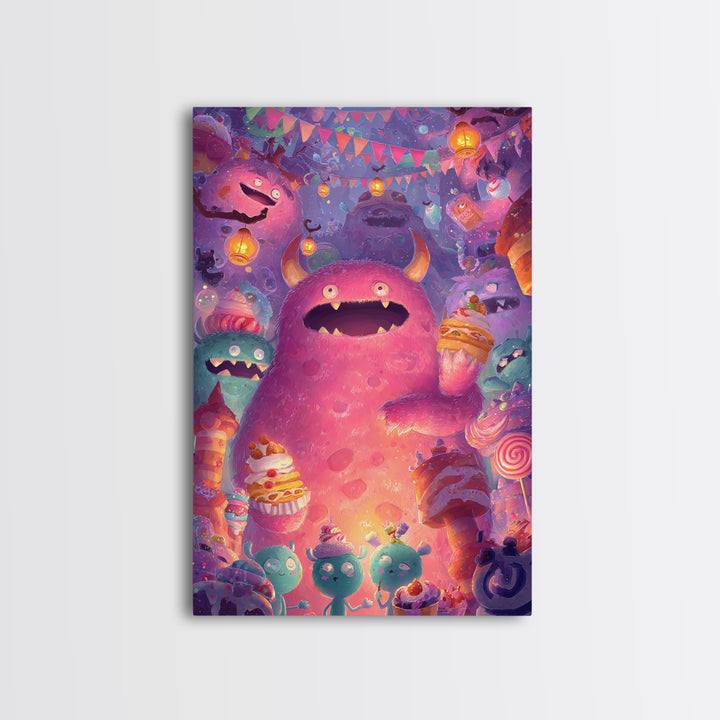The Polka-Dot Monster, Vaporwave Halloween Decor, Vertical Wall Art, Framed Canvas Print, Retro Halloween Decor, Neon Wall Art