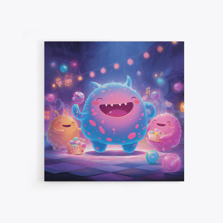 The Polka-Dot Monster, Synthwave Halloween Art, Square Wall Art, Framed Canvas Print, Retro Halloween Decor, Neon Wall Art