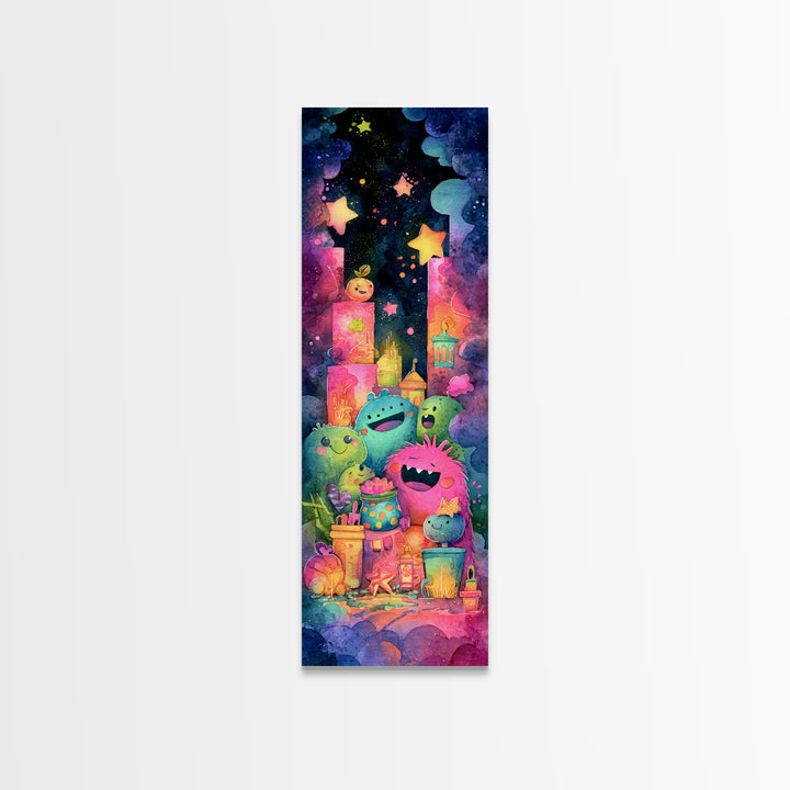 The Polka-Dot Monster, Retro Neon Halloween Art, Tall Narrow Wall Art, Canvas Print, Retro Halloween Decor, Neon Wall Art, Dark Fantasy Art