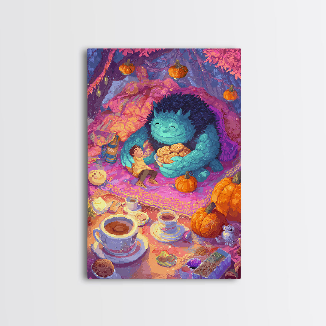 The Monster Under The Bed Tea Party, Retro Neon Halloween Art, Vertical Wall Art, Canvas Print, Retro Halloween Decor, Neon Wall Art