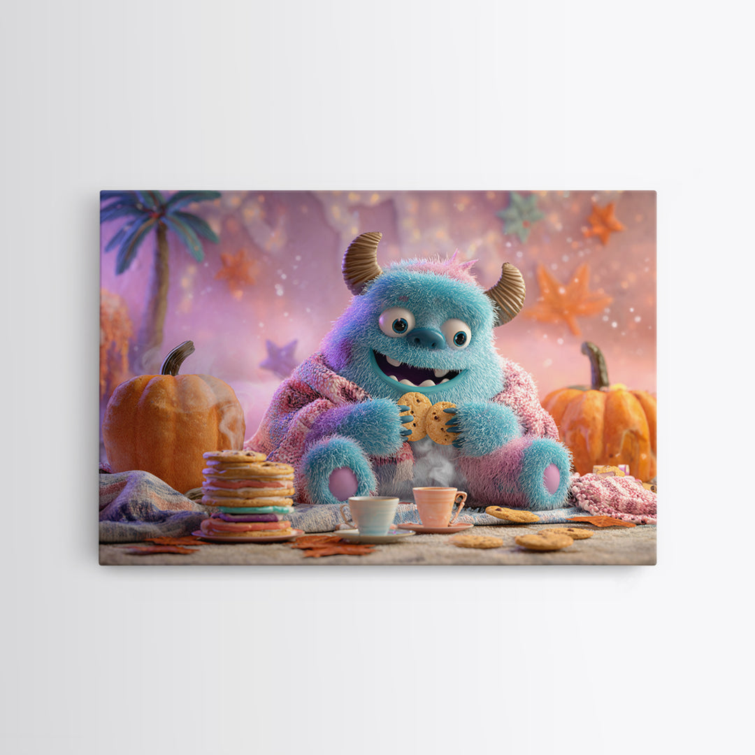 The Monster Under The Bed Tea Party, Vaporwave Halloween Decor, Landscape Wall Art, Canvas Print, Retro Halloween Decor, Neon Wall Art