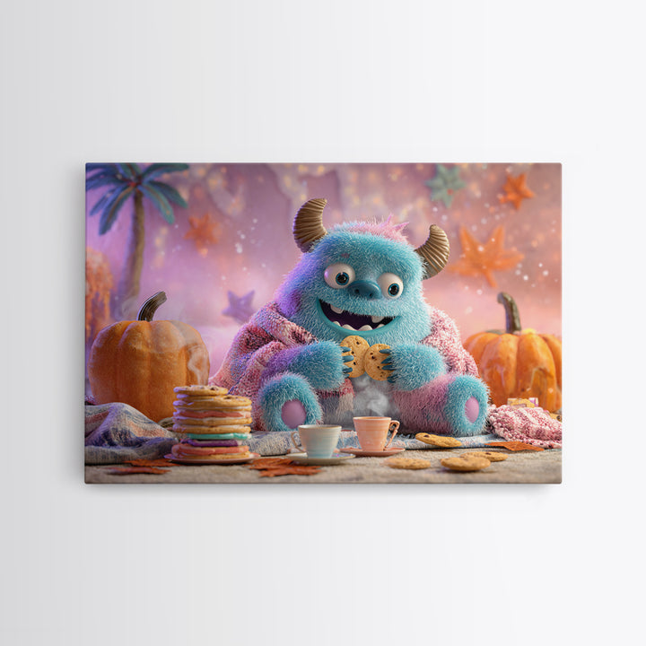 The Monster Under The Bed Tea Party, Vaporwave Halloween Decor, Landscape Wall Art, Canvas Print, Retro Halloween Decor, Neon Wall Art