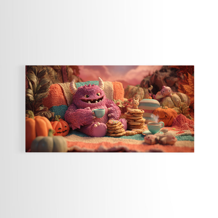The Monster Under The Bed Tea Party, Vaporwave Halloween Decor, Wide Panoramic Art, Framed Canvas Print, Retro Halloween Decor