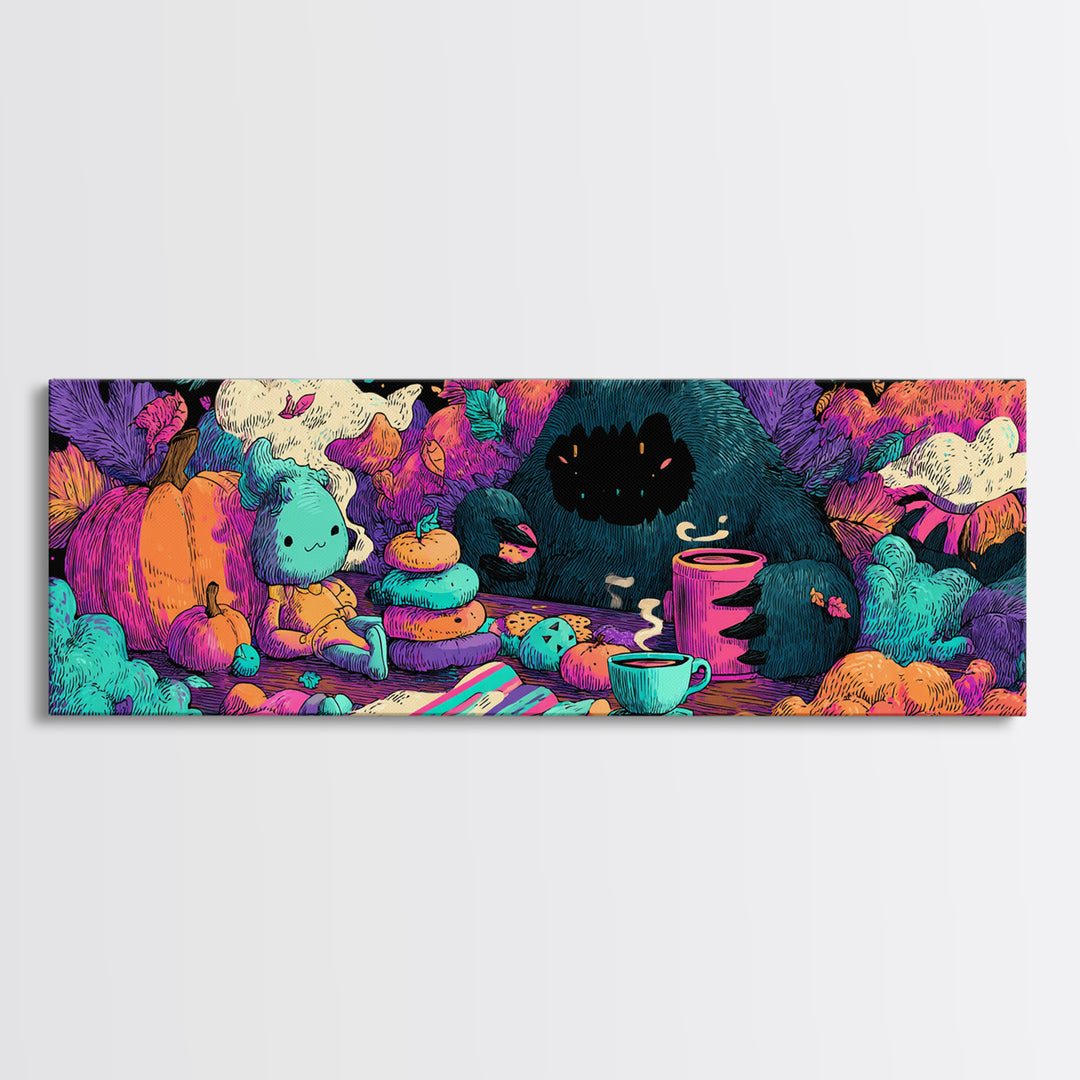 The Monster Under The Bed Tea Party, Synthwave Halloween Art, Extra Wide Wall Art, Canvas Print, Retro Halloween Decor, Neon Wall Art
