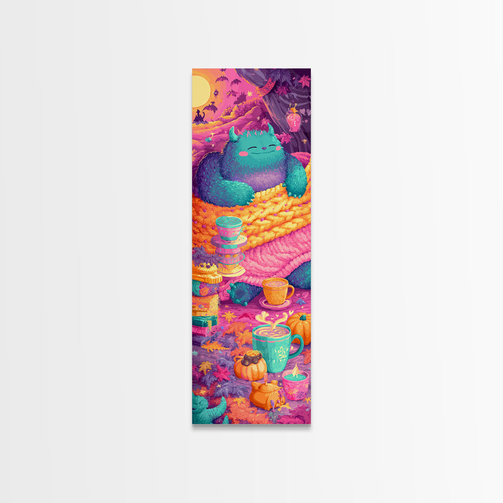 The Monster Under The Bed Tea Party, Retro Neon Halloween Art, Tall Narrow Wall Art, Framed Canvas Print, Retro Halloween Decor