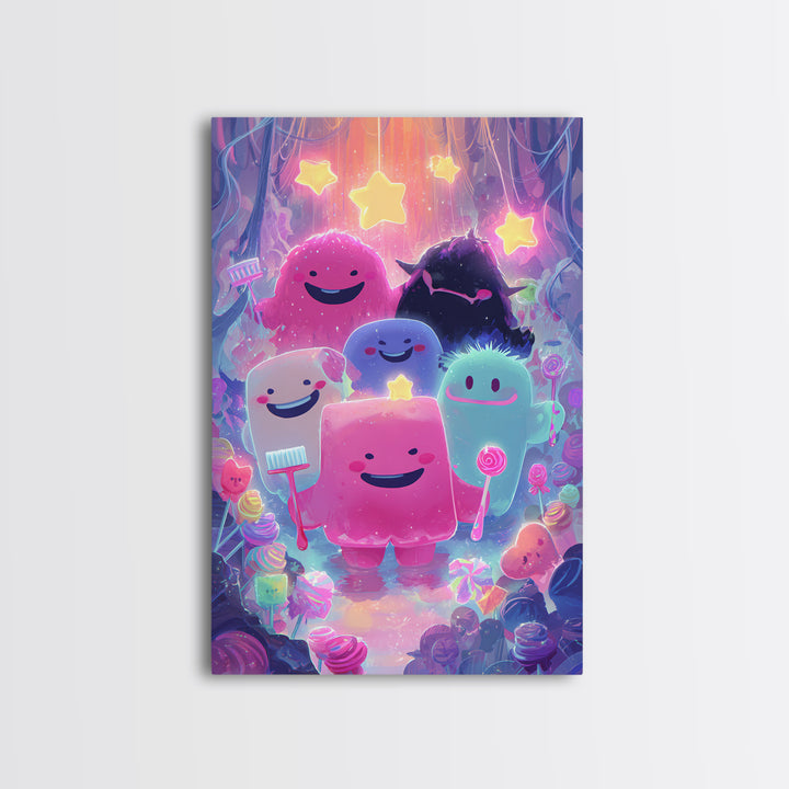 The Monster Toothbrush Club, Vaporwave Halloween Decor, Vertical Wall Art, Framed Canvas Print, Retro Halloween Decor, Neon Wall Art