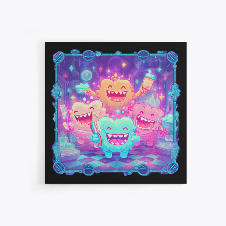 The Monster Toothbrush Club, Vaporwave Halloween Decor, Square Wall Art, Canvas Print, Retro Halloween Decor, Neon Wall Art