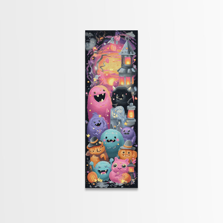 The Monster Toothbrush Club, Retro Neon Halloween Art, Tall Narrow Wall Art, Canvas Print, Retro Halloween Decor, Neon Wall Art