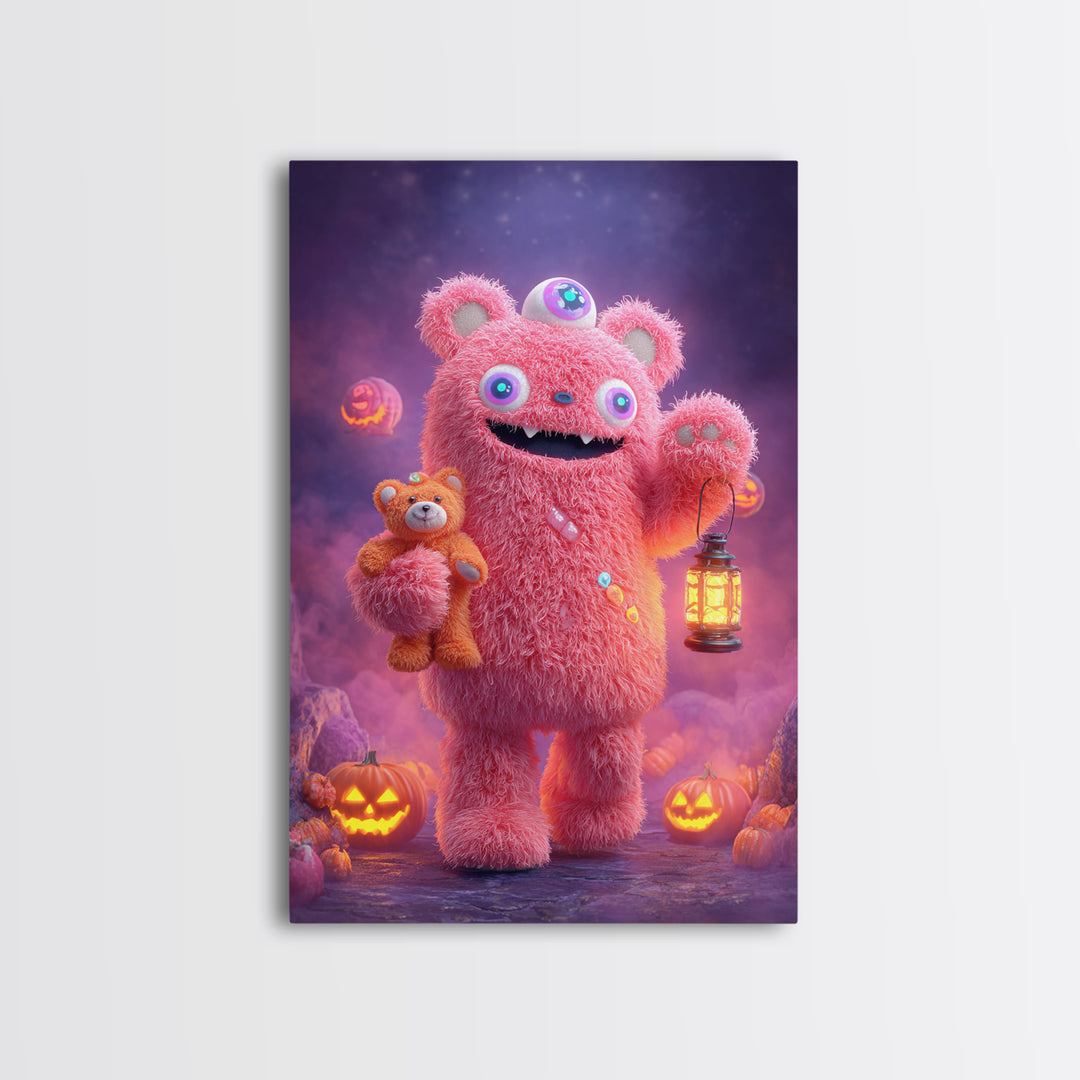 The Three-Eyed Teddy Monster, 80s Halloween Wall Art, Vertical Wall Art, Framed Canvas Print, Retro Halloween Decor, Neon Wall Art