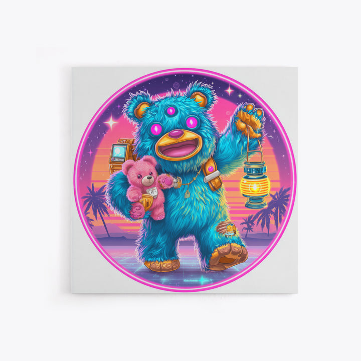 The Three-Eyed Teddy Monster, Cute Spooky Neon Art, Square Wall Art, Framed Canvas Print, Retro Halloween Decor, Neon Wall Art