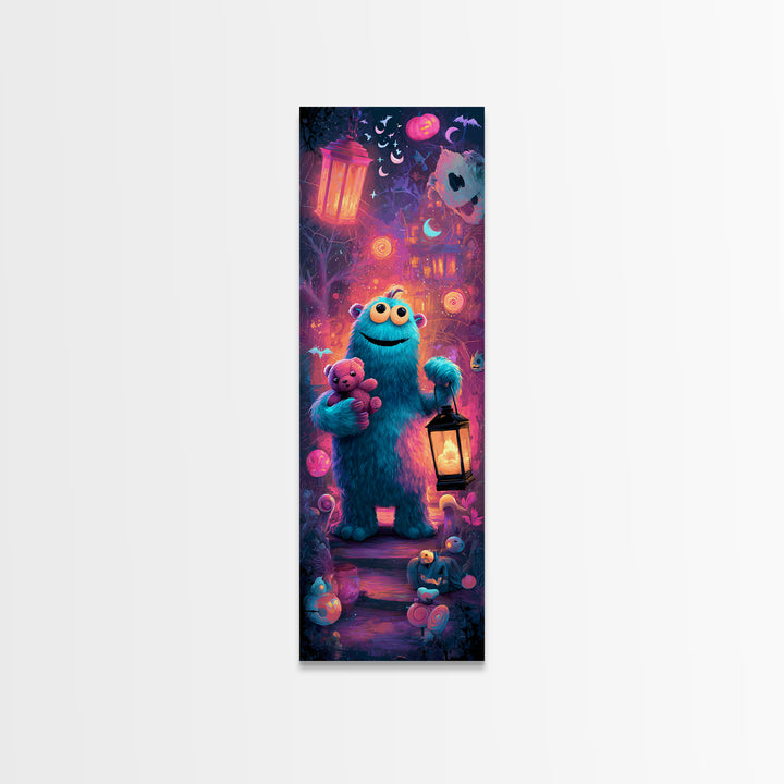 The Three-Eyed Teddy Monster, Vaporwave Halloween Decor, Tall Narrow Wall Art, Framed Canvas Print, Retro Halloween Decor, Neon Wall Art