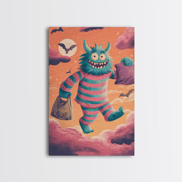 The Monster Pajama Parade, Synthwave Halloween Art, Vertical Wall Art, Framed Canvas Print, Retro Halloween Decor, Neon Wall Art