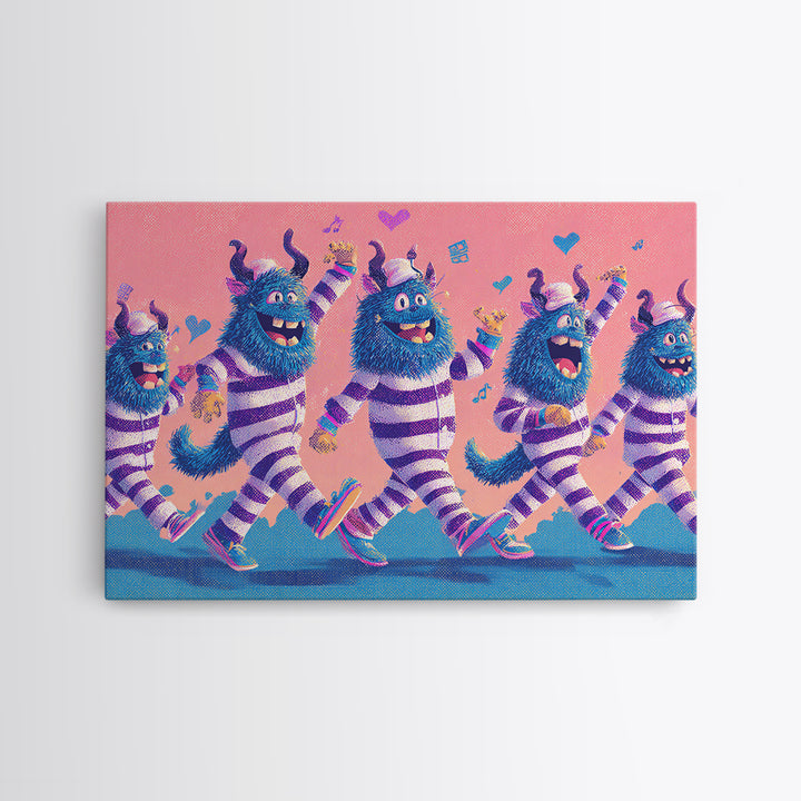 The Monster Pajama Parade, Vaporwave Halloween Decor, Landscape Wall Art, Canvas Print, Retro Halloween Decor, Neon Wall Art