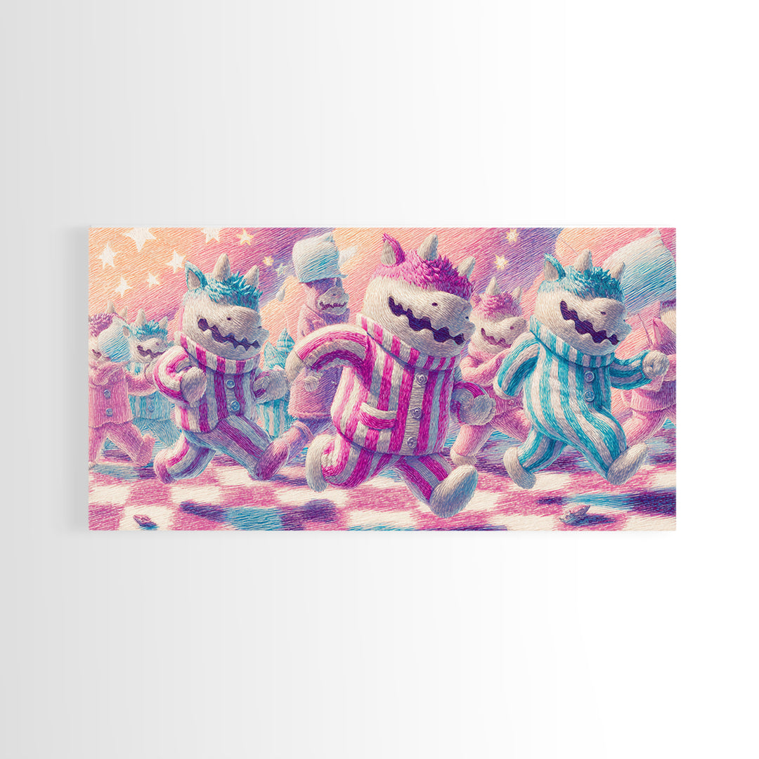 The Monster Pajama Parade, 80s Halloween Wall Art, Wide Panoramic Art, Framed Canvas Print, Retro Halloween Decor, Neon Wall Art