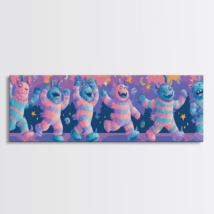 The Monster Pajama Parade, 80s Halloween Wall Art, Extra Wide Wall Art, Framed Canvas Print, Retro Halloween Decor, Neon Wall Art