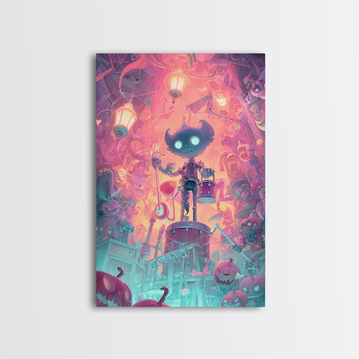 The Little Monster Orchestra, Synthwave Halloween Art, Vertical Wall Art, Canvas Print, Retro Halloween Decor, Neon Wall Art