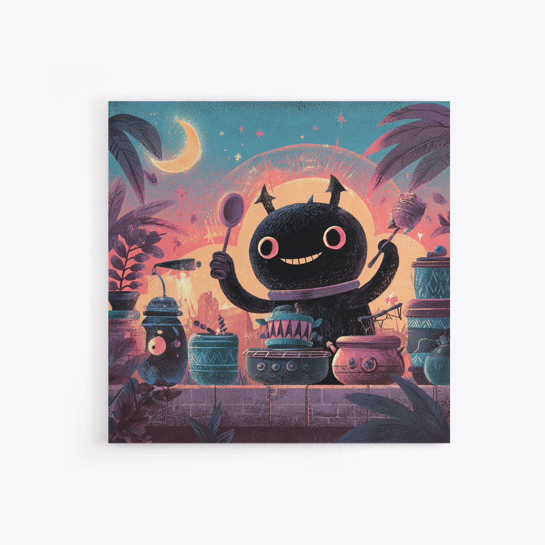 The Little Monster Orchestra, Cute Spooky Neon Art, Square Wall Art, Framed Canvas Print, Retro Halloween Decor, Neon Wall Art