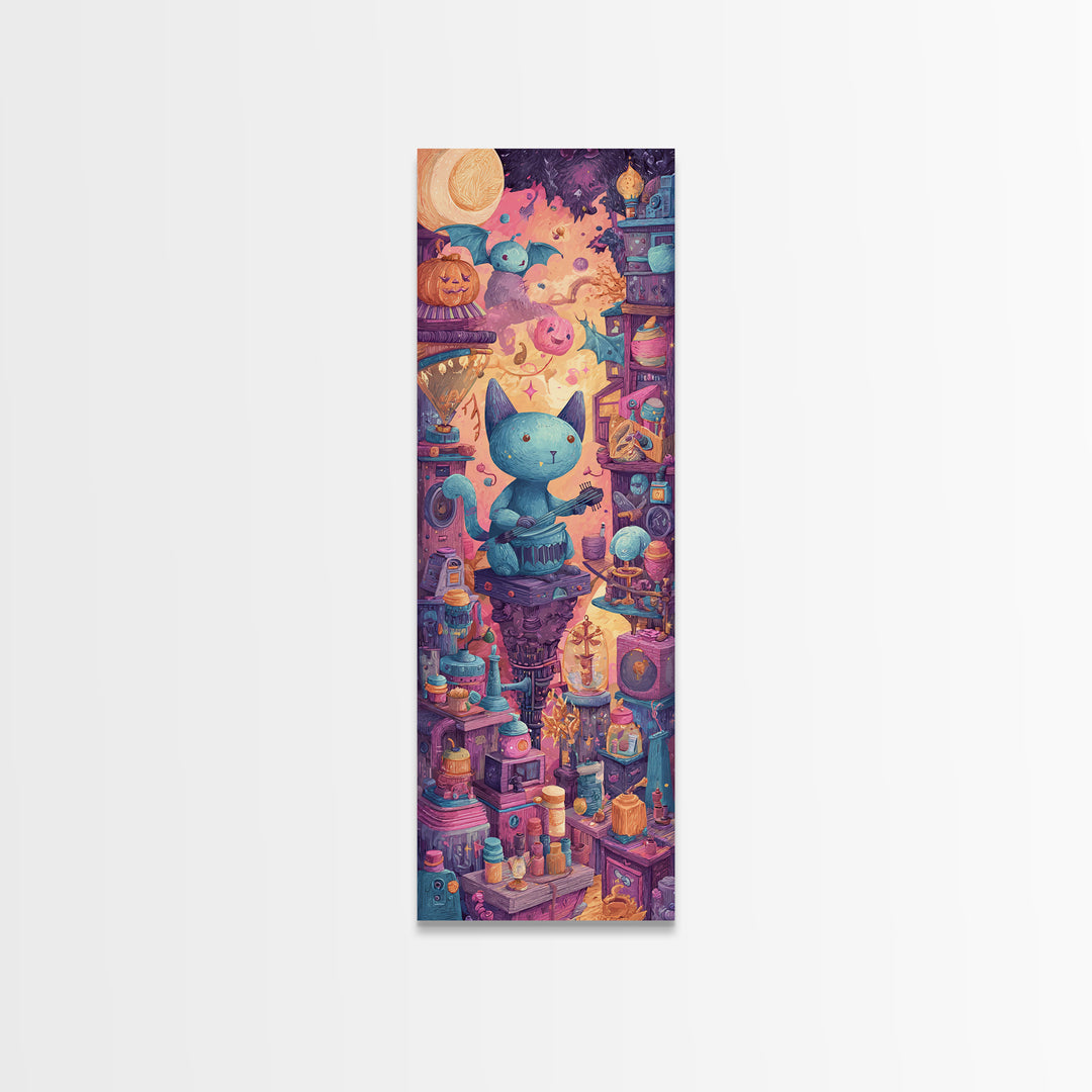 The Little Monster Orchestra, 80s Halloween Wall Art, Tall Narrow Wall Art, Canvas Print, Retro Halloween Decor, Neon Wall Art